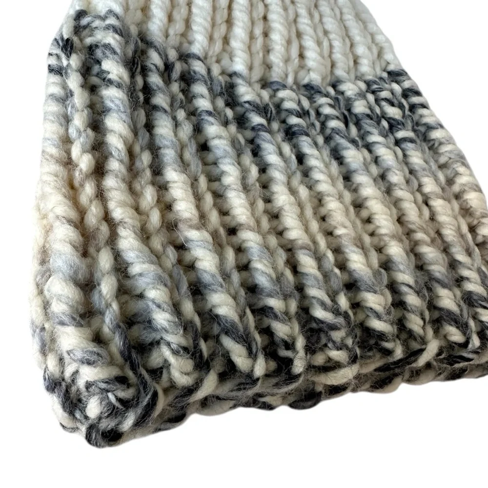 Steve Madden Cream and Gray Chunky Knit Beanie with Faux Fur Pom Pom